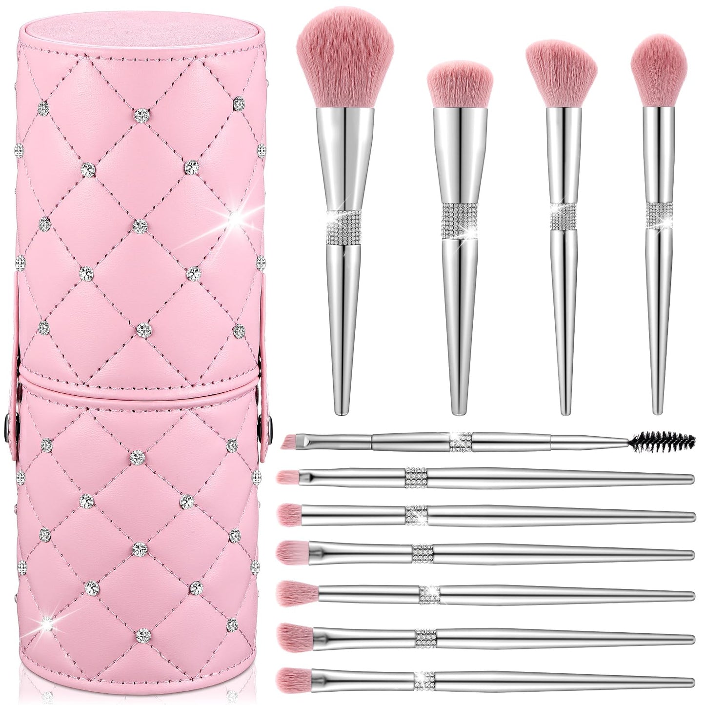 Baderke 11 Pcs Elegant Pink Soft Labeled Christmas Makeup Brushes Sets with Brush Holder Rhinestone Makeup Set with Silver Pink Foundation Powder Blush Blending Contour Brush
