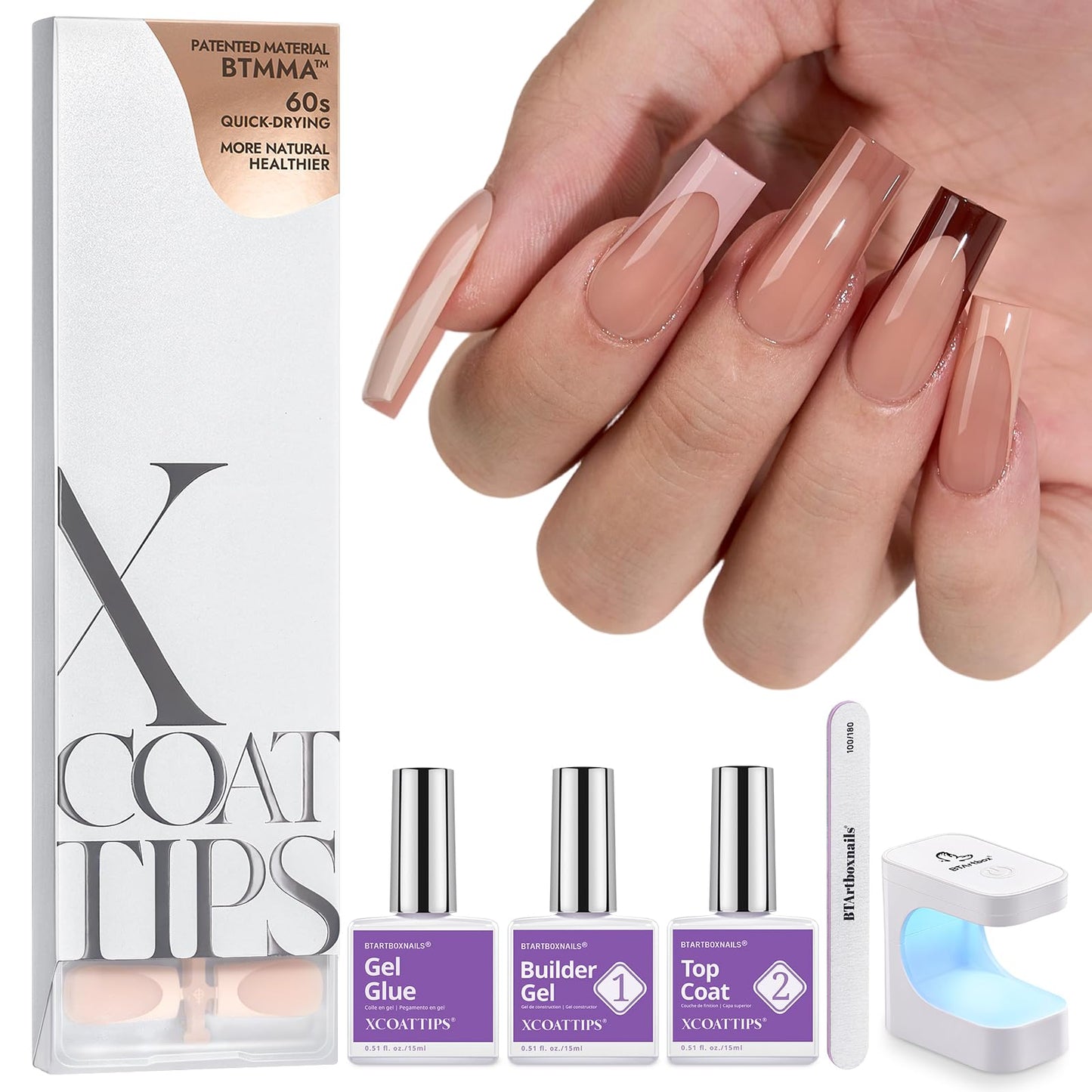 BTArtboxnails XCOATTIPS French Tip Nail Kit - Long Square Nail Tips Brown with Nail Gel, French Protecing Duo, Nail Lamp, Gel Nail Extension Kit