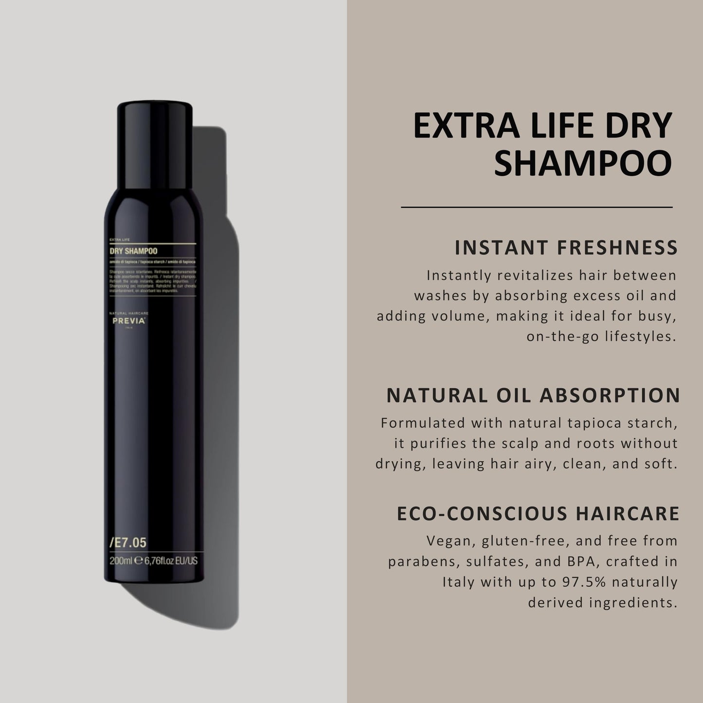 PREVIA Extra Life Dry Shampoo | Instant Scalp Refresh with Natural Tapioca Starch | Absorbs Excess Oil & Impurities | Fruity, Fresh, Woody Fragrance | Vegan Haircare for All Hair Types | 6.76 oz