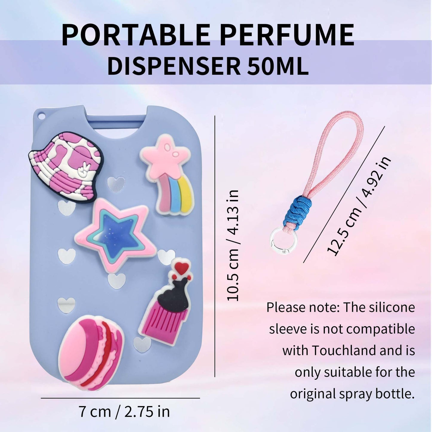 Zuhose Refillable Spray Bottle Keychain with Silicone Case, Customizable with 8 Charms for 1.69oz/50ml Liquid, Portable Leakproof Travel Accessory (Blue)