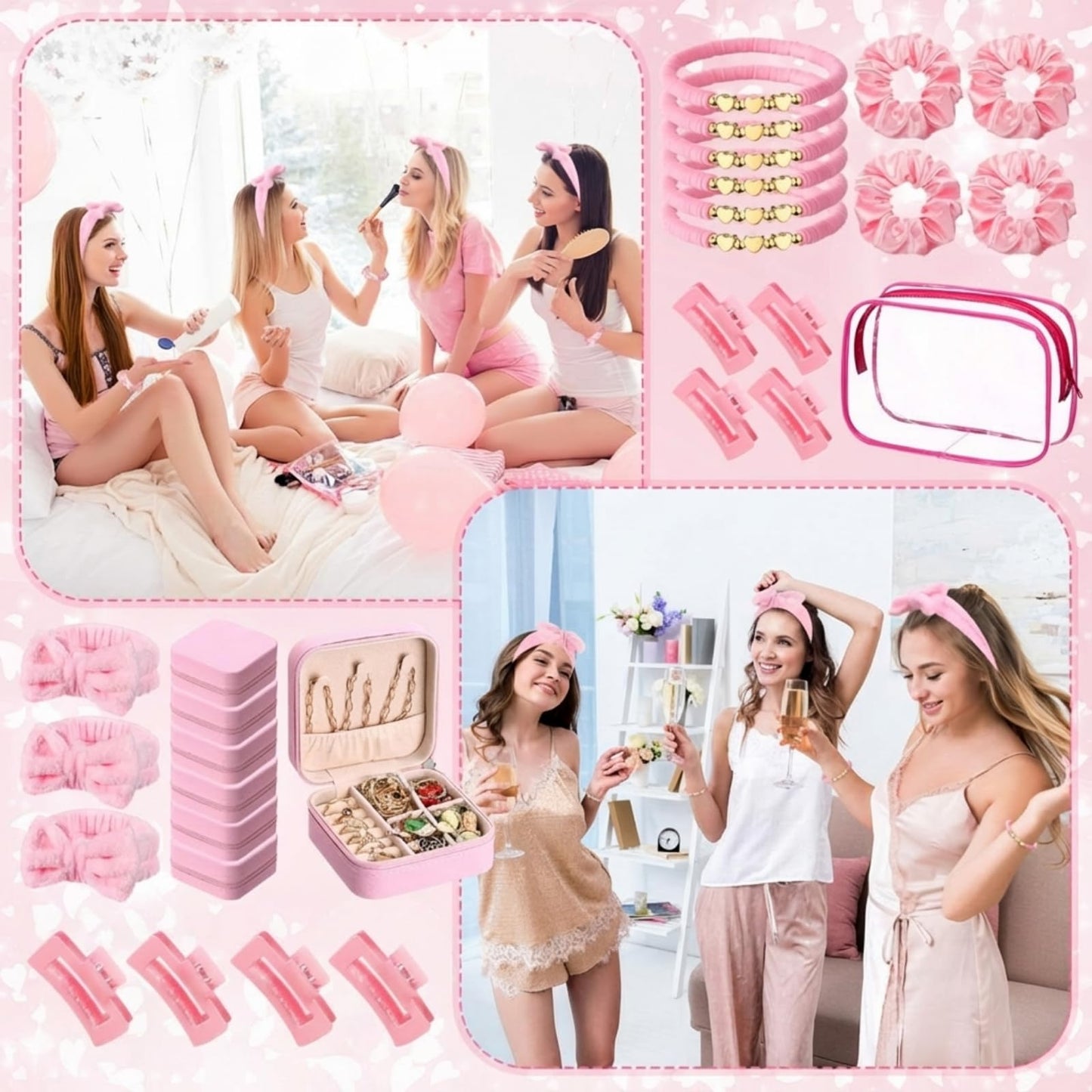 Liliaafar 36 Pcs Teen Girl Party Favors Preppy Gifts Sets Bulk 6 Friendship Bracelets 6 Bow Spa Headband 6 Scrunchies 6 Hair Clip 6 Jewelry Cases 6 Makeup Bags for Women Friend Preppy Gifts(Pink)