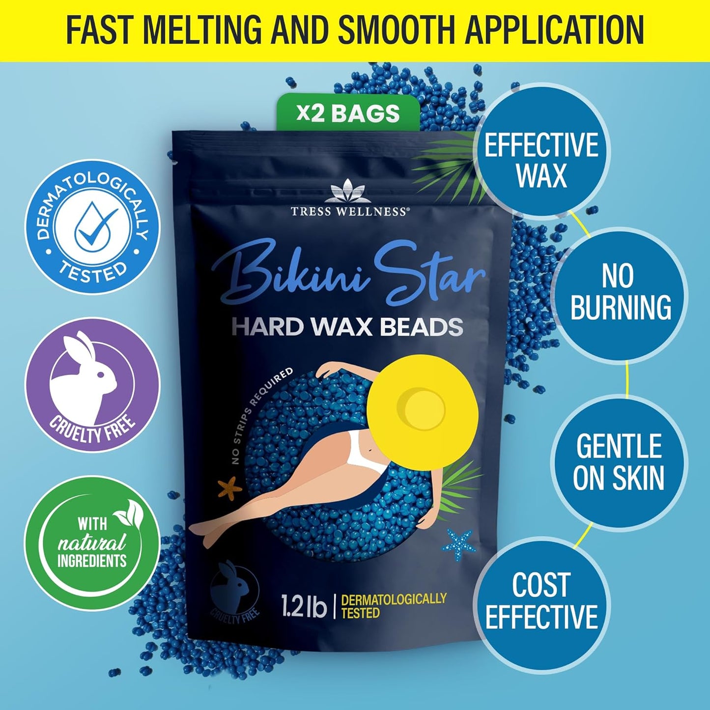 Tress Wellness Wax Beads | Safe Dermatologically Tested Wax for At-Home Bikini & Body Hair Removal - 2 Pack, 2 x 1.2lb