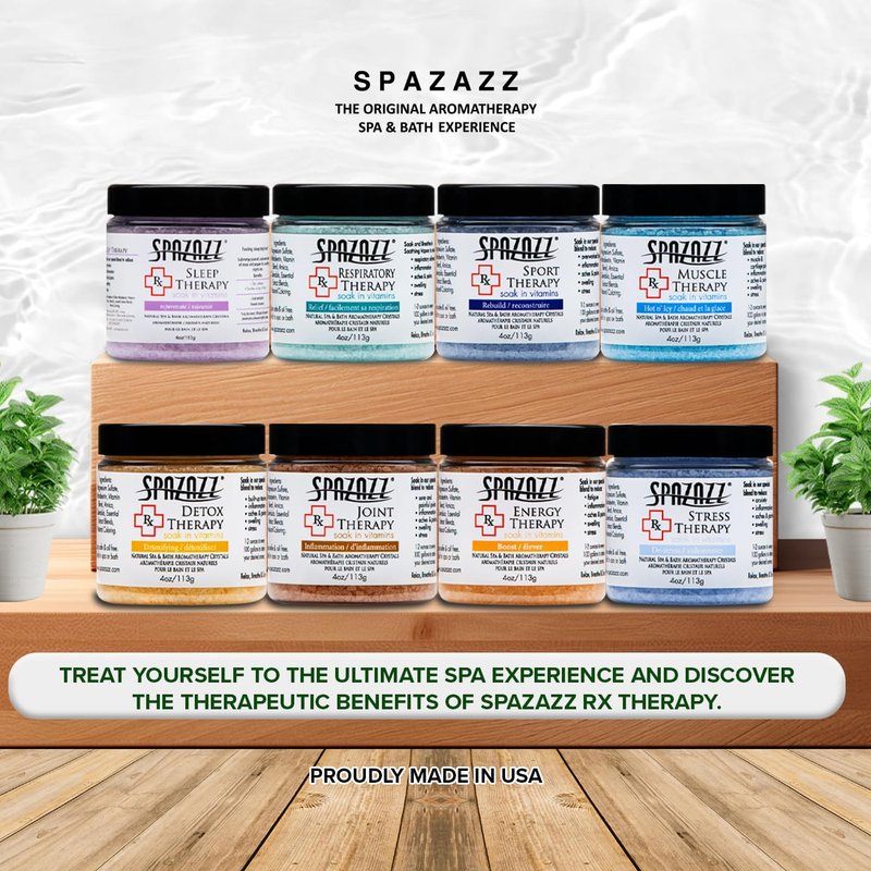 Spazazz RX Therapy Hot Tub Spa and Bath Aromatherapy Salt Crystals 4oz 8 Pack Sample Bundle Includes Muscle - Joint - Detox - Stress - Respiratory - Sport -Sleep - Energy. Great for Muscles & Joints