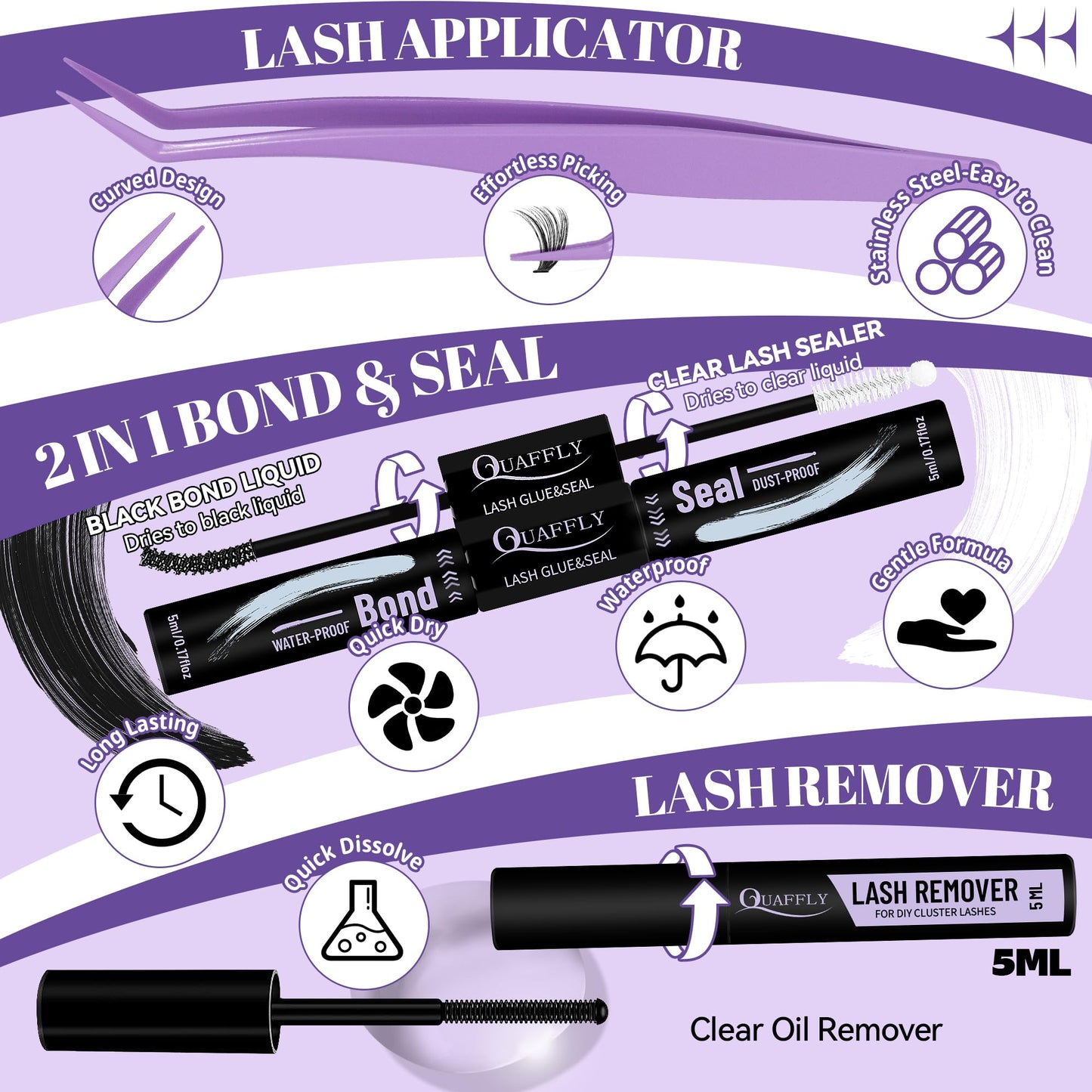 QUAFFLY 5-Pack False Eyelashes Kit with Lash Glue & Seal, Remover, Tweezers, Curler | Professional Lash Extension Set for Natural/Dramatic Look, Reusable, Salon & Home Use