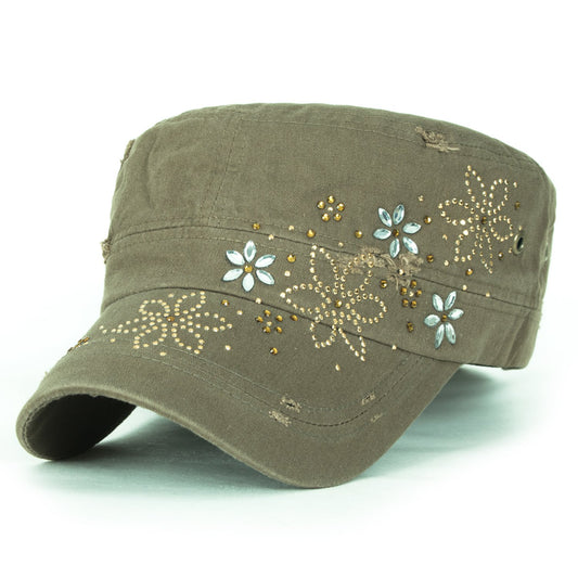 ililily Crystal Gemstone Stud Flower Vintage Cotton Military Army Hat Short Brimmed Cadet Cap, Olive Drab