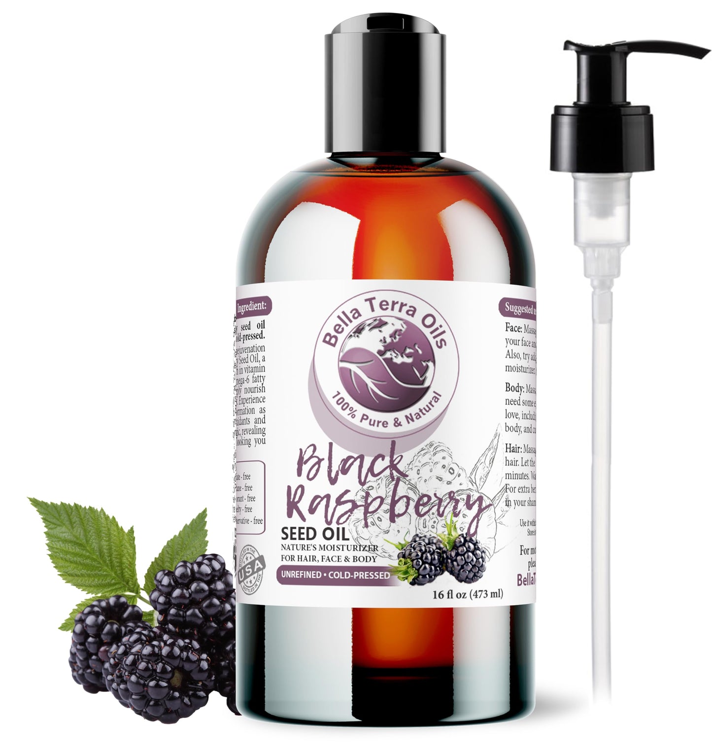 Bella Terra Oils - Black Raspberry Seed Oil 8oz - Embrace the Cosmetic Wonder of Raspberry Seed & Black Seed Oil Fusion, Replete with Tocopherols & Tocotrienols