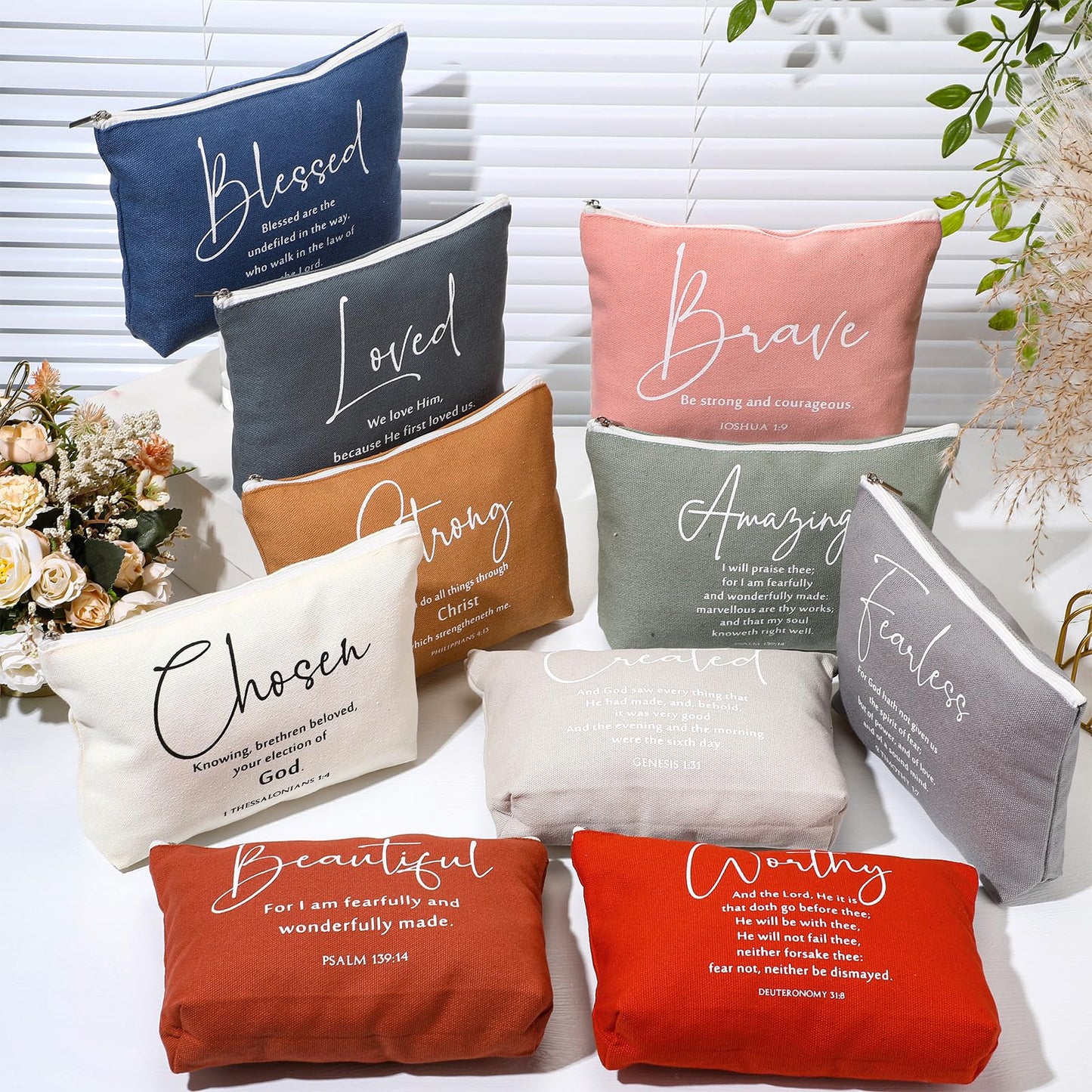 Huhumy 20 Pcs Christian Gifts for Women Bulk Religious Bible Verse Makeup Bag Inspirational Scripture Cosmetic Bag with Zipper VBS Graduation Church Favors for Ladies(Bright,Bible Words)