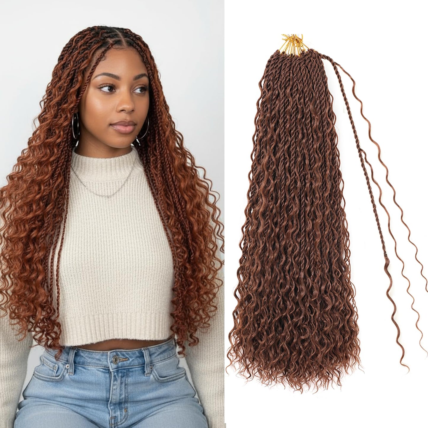 Boho lsland Twist Crochet Hair 24 Inch 8 Packs Medium Auburn Pre-Looped Senegalese Twist Crochet Braids with Curly Ends Synthetic Goddess Twist Crochet Hair for Black Women（30# 24 INCH）