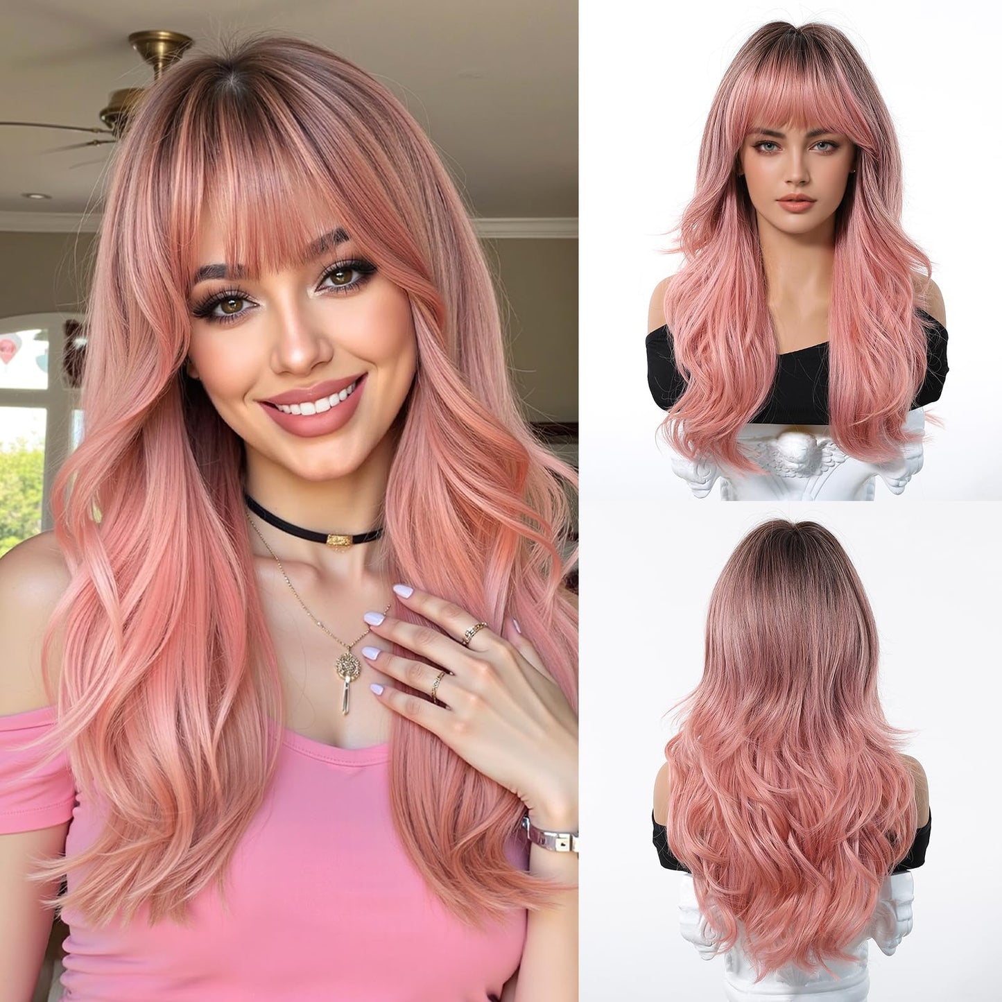 Osicapea Ombre Pink Wigs with Bangs for Women, Natural Wavy Curly Hair Woman Heat Resistant Synthetic Wig 22 Inch Long Wig for Women's Cosplay Costume Party Daily Use
