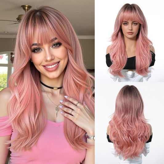 Osicapea Ombre Pink Wigs with Bangs for Women, Natural Wavy Curly Hair Woman Heat Resistant Synthetic Wig 22 Inch Long Wig for Women's Cosplay Costume Party Daily Use