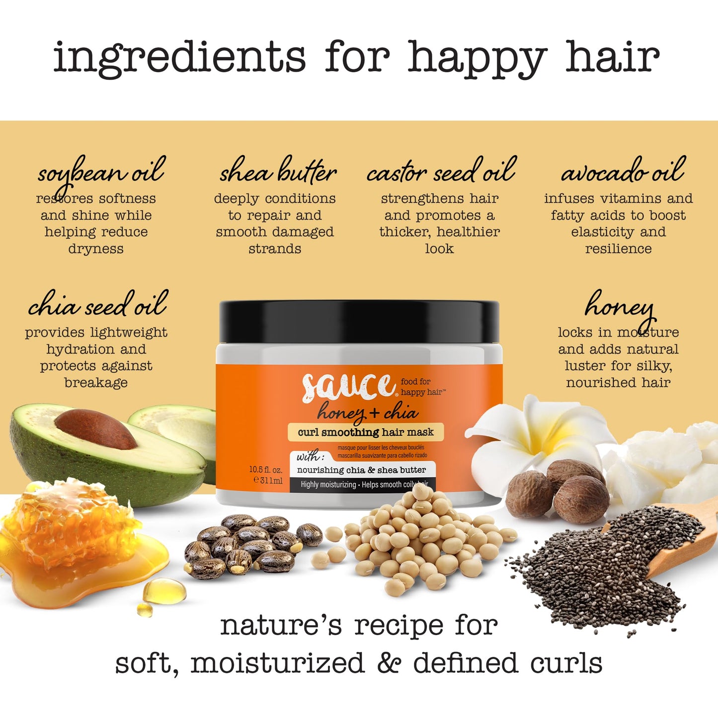 SAUCE Hair Mask, Honey Chia Smoothing Curl Mask (10.5 FL Oz) Frizz Control & Deep Conditioning with Shea Butter, Curly & Coily Hair, No Parabens & Sulfates