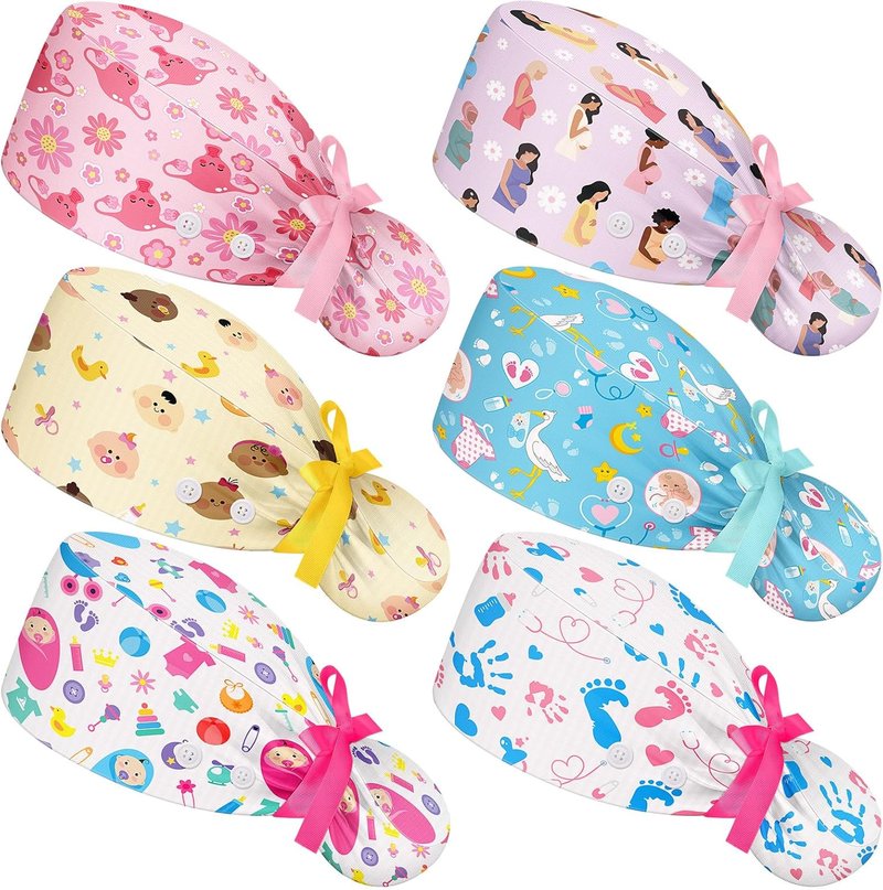 Labor and Delivery Scrub Caps - 6 Pcs Adjustable Nursing Hats with Sweatband Buttons for Midwives | Women’s Healthcare