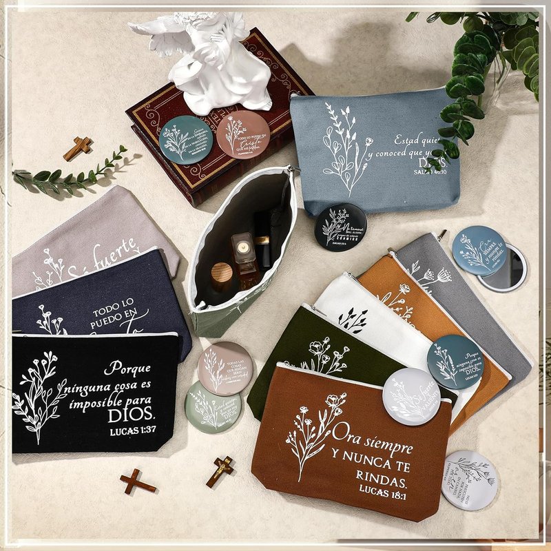 Spanish Christian Gifts for Women - 30 Sets Bible Verse Makeup Bags & Compact Mirrors | Boho Canvas Design