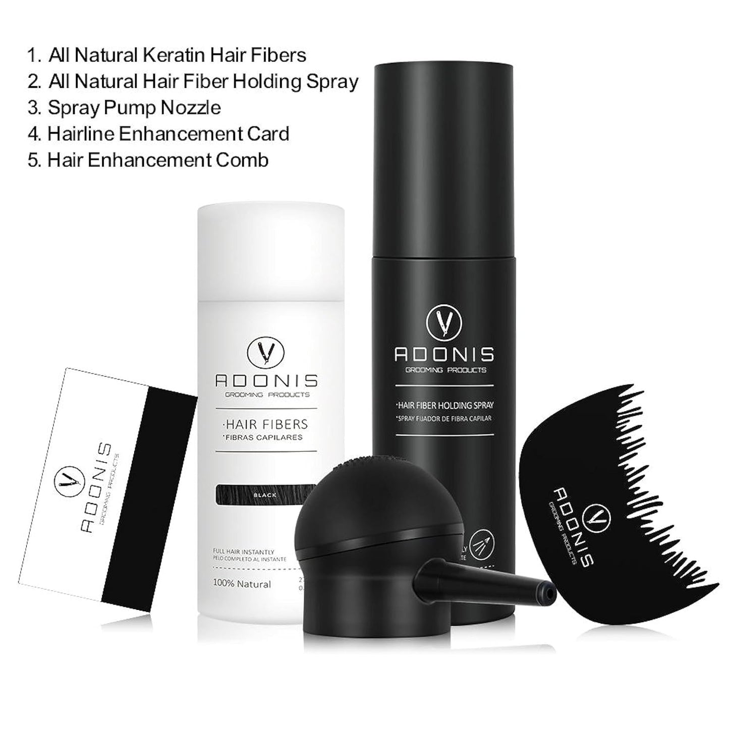 Adonis 5-in-1 Hair Fiber Kit | All-Natural Keratin Fibers, Spray & Applicator for Thinning Hair - Black