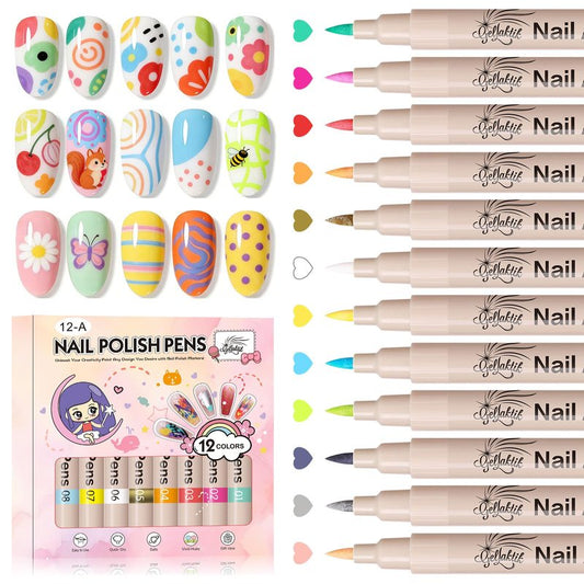 GELLAKTIK 12 Colors Nail Art Pens Set, 3D Nail Polish Pens, Quick-Drying Acrylic Paint Markers, 0.7mm Dotting Painting Liner Brush for DIY Nail Design, Home & Salon Manicure Tools