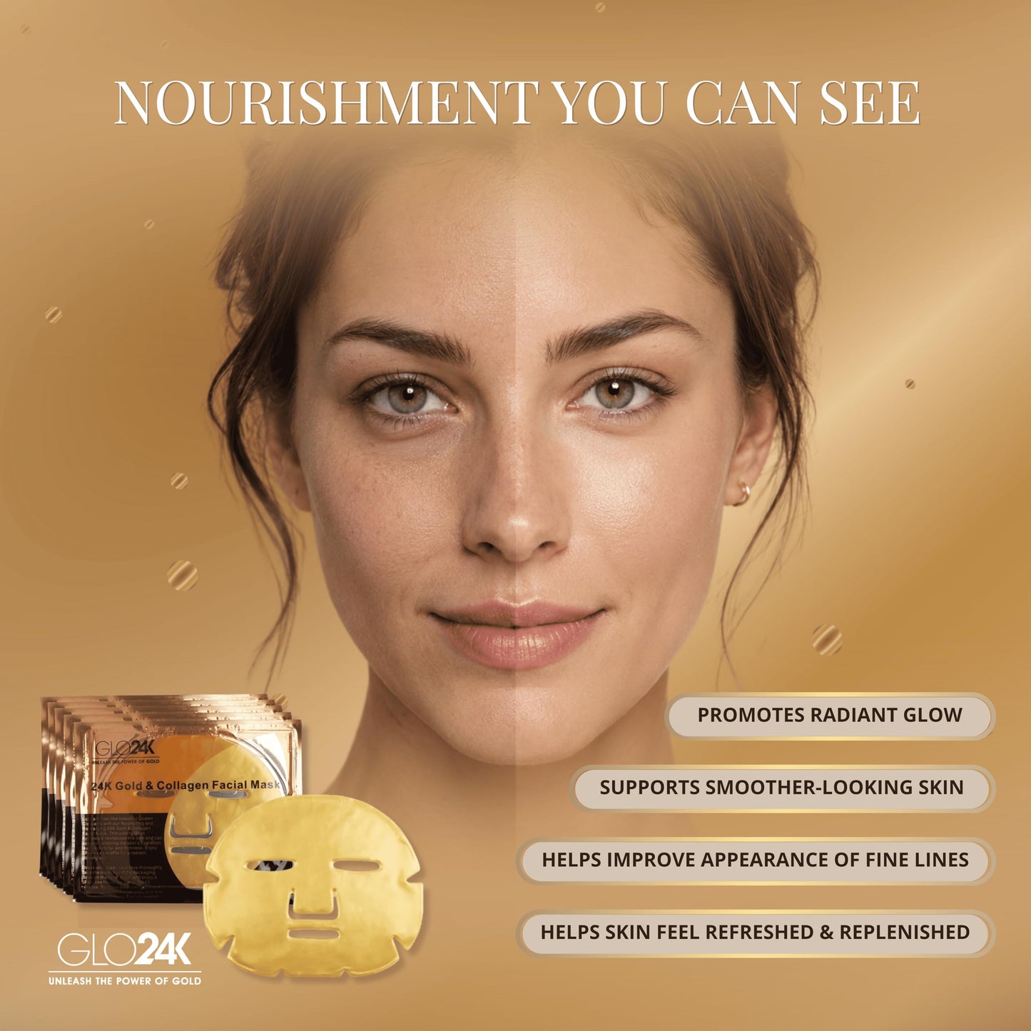 GLO24K Collagen Face Mask – 24K Gold Face Mask, Hydrating Facial Mask with Hyaluronic Acid, Anti Aging Face Mask, Gold Hydrogel Mask for Skin Care, 5 Pack
