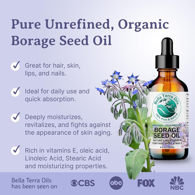 Organic Borage Seed Oil - 4 oz Pure Oil Rich in GLA & Omega-6 | Elevate Skin Radiance & Softness