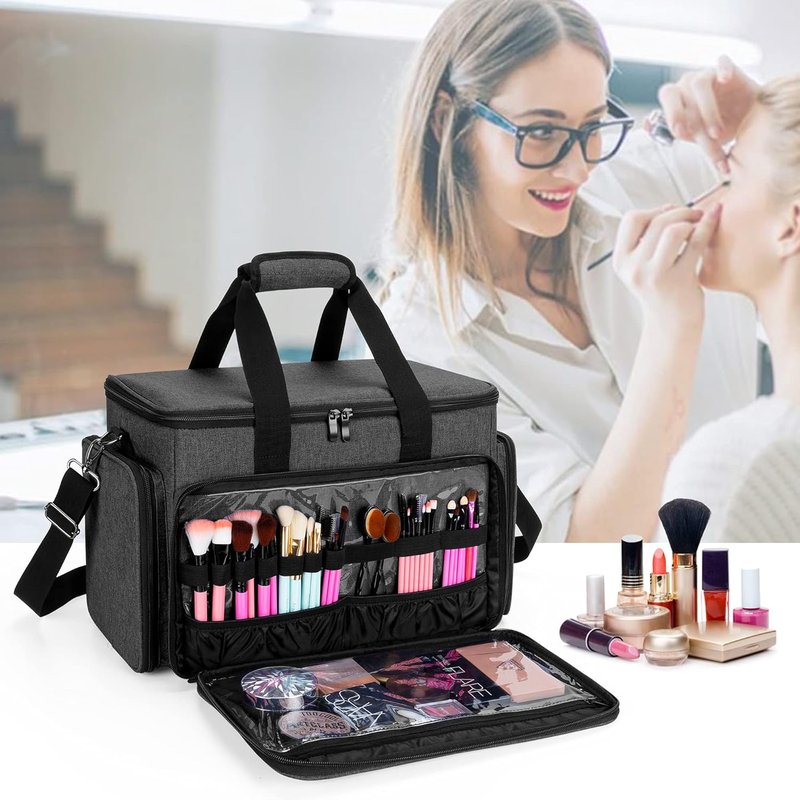 Large Cosmetic Bag - Makeup Organizer with Adjustable Dividers | Travel Case for Cosmetics & Hair Supplies - Black