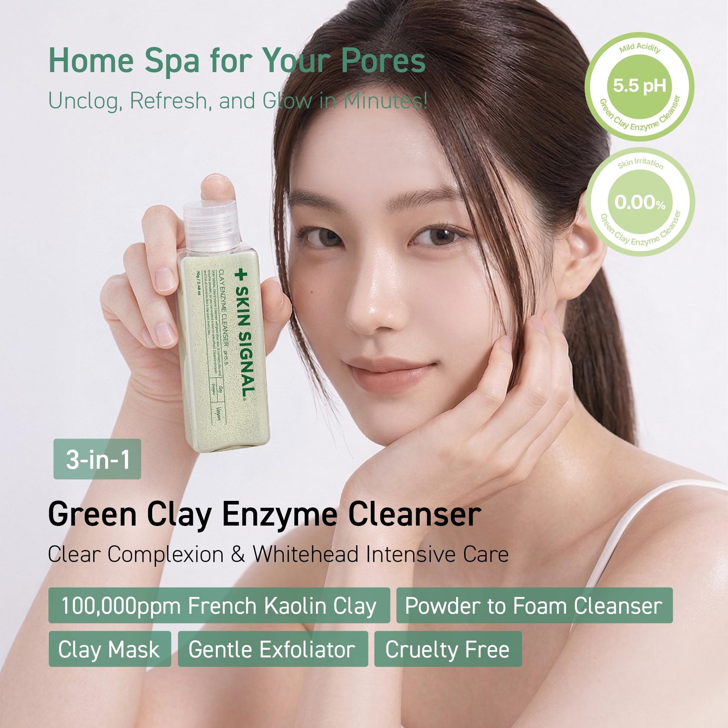SKIN SIGNAL Green Clay Enzyme Cleanser, Whitehead Remover Powder Cleanser, Deep Pore Cleansing with PHA, Gentle Exfoliating Face Wash, Facial Scrub for Blemish-Prone Skin, Korean Skin Care