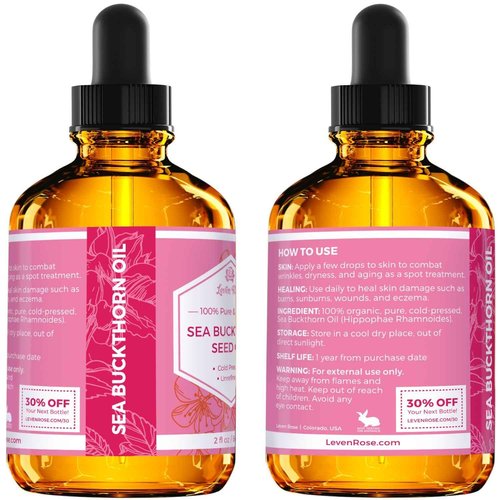 Leven Rose Sea Buckthorn Seed Oil, 100% Pure Unrefined Cold Pressed for Hair Skin and Nails (2 oz)