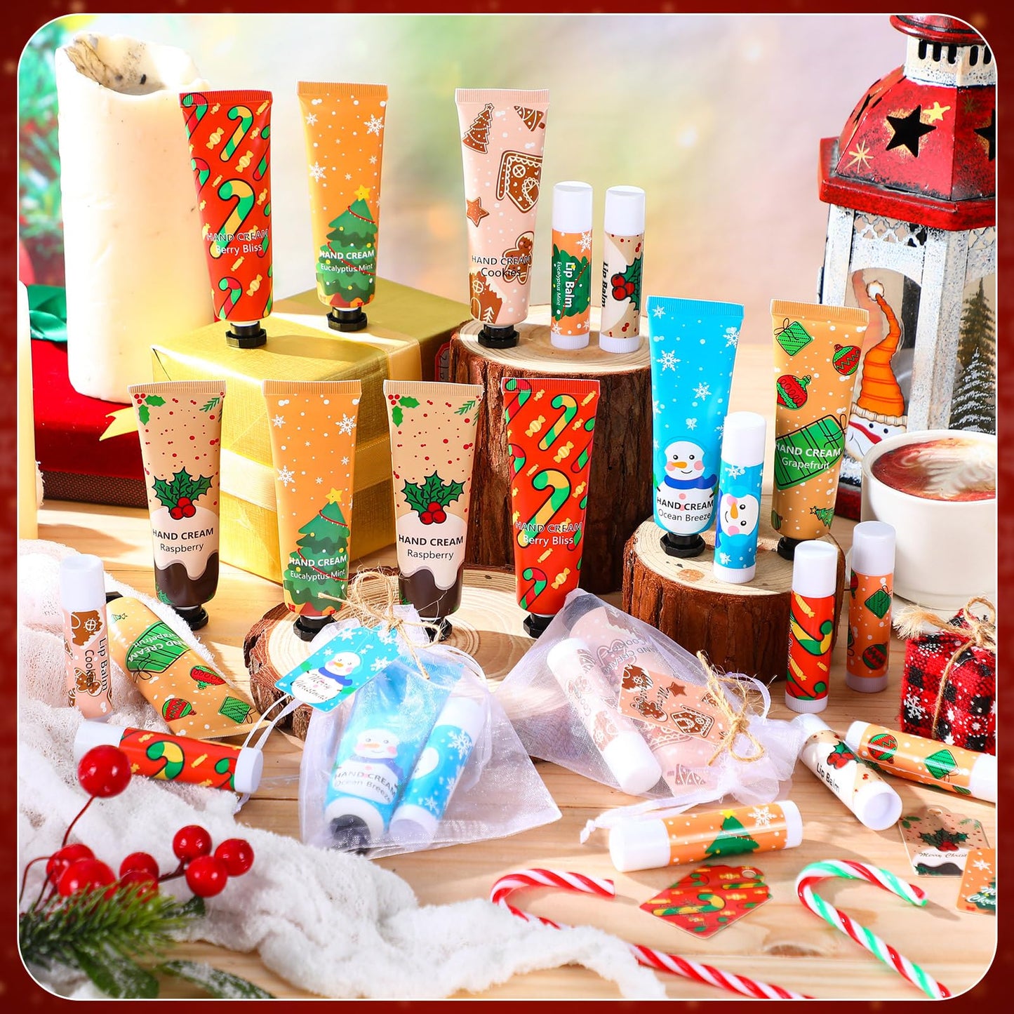 Loopeer 24 Sets/96 Pcs Christmas Hand Cream and Lip Balm Gift Set for Women Bulk Mini Hand Lotion Travel Size for Dry Skin Stocking Stuffers with Greeting Card Organza Bags for Coworker Employee