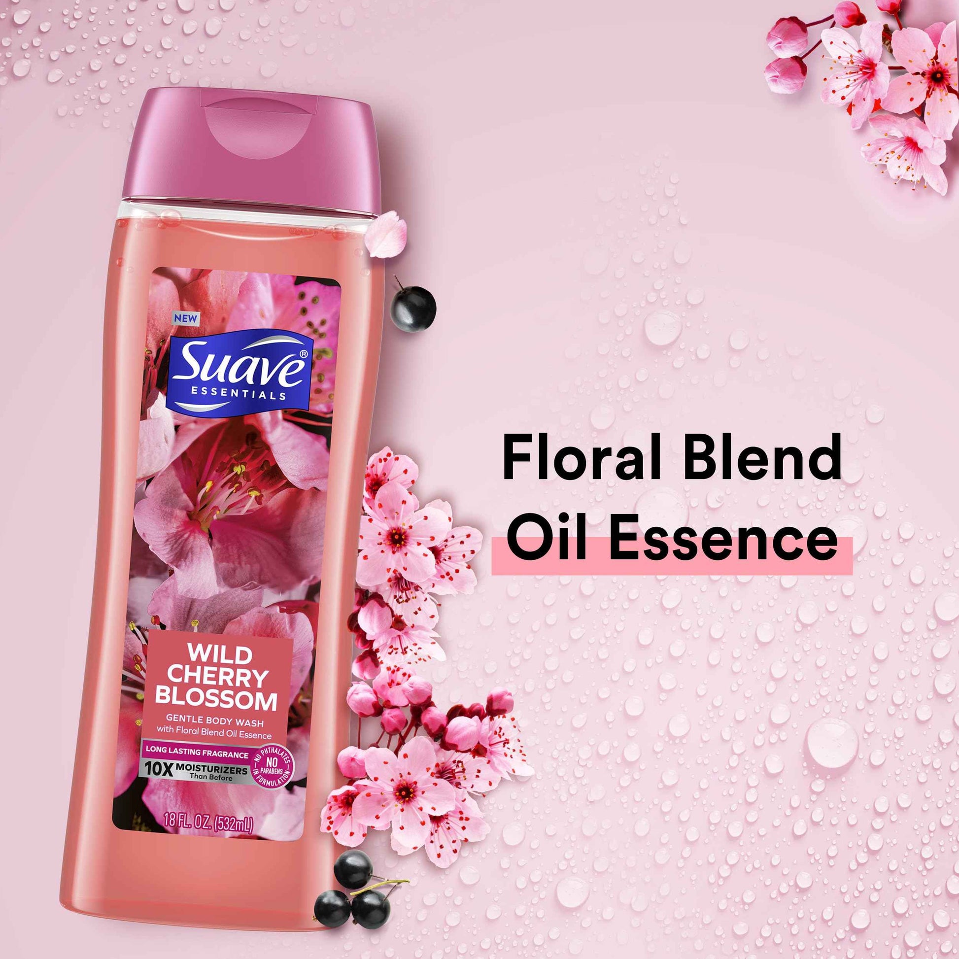 Suave Moisturizing Body Wash, with Wild Cherry Blossom and Vitamin E Extract, No Parabens, No Phtahaltes, 18 Oz Pack of 6