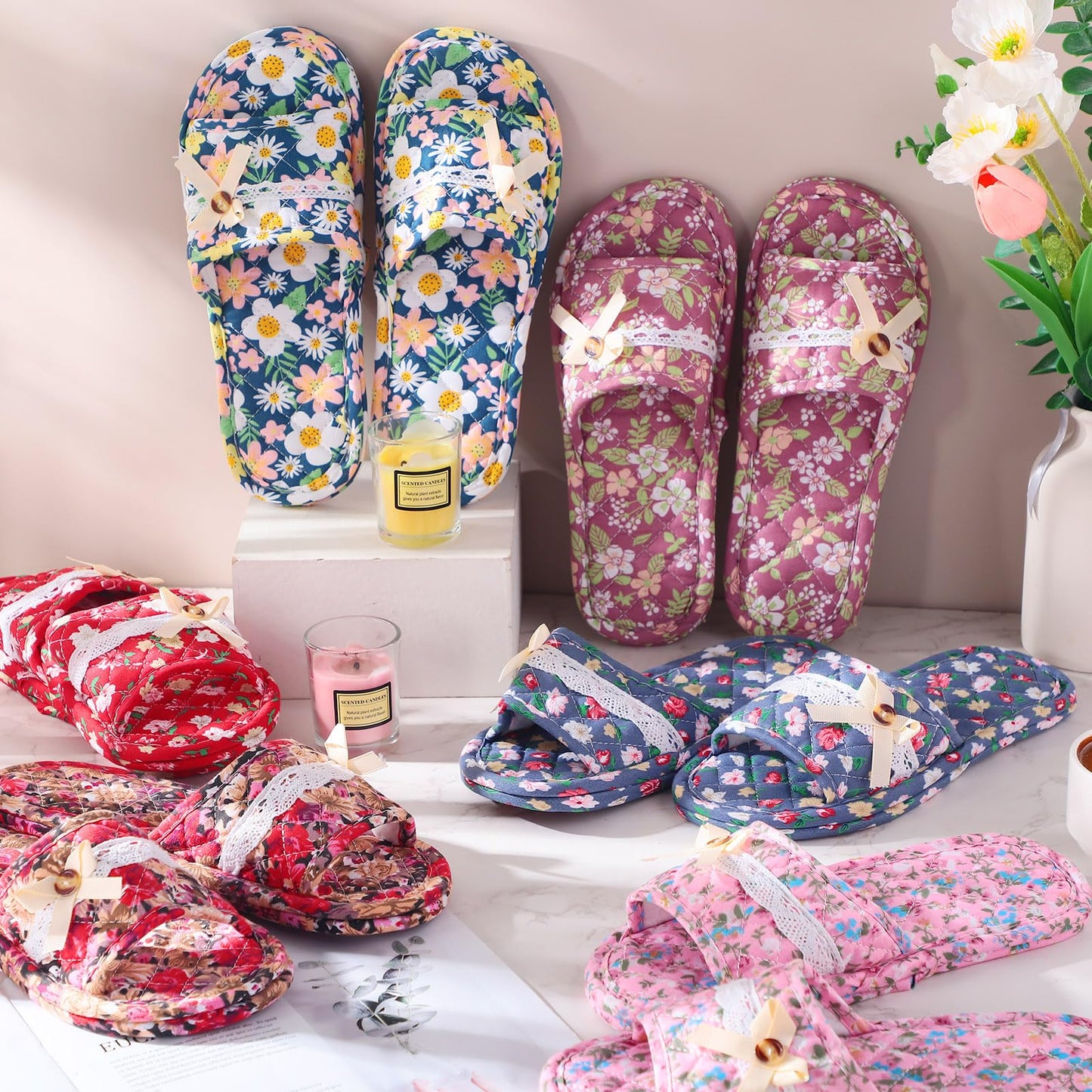 Breathffy 6 Pairs Floral Cotton House Slippers for Women, Soft Open Toe Guest Slippers Washable Foldable, Indoor Hotel Spa Travel Slipper for Women Size 35-39