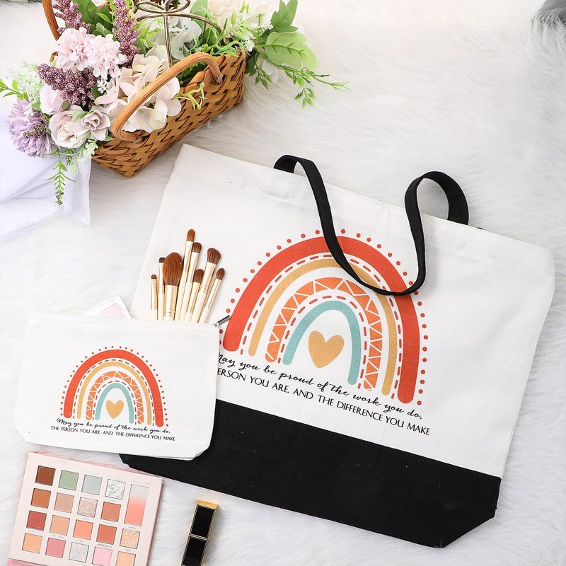 Kajaia 8 Pcs Teacher Appreciation Gift Bulk Canvas Tote Bag Cosmetic Bag Rainbow Teachers Day Thank You Gifts Graduation(Boho)