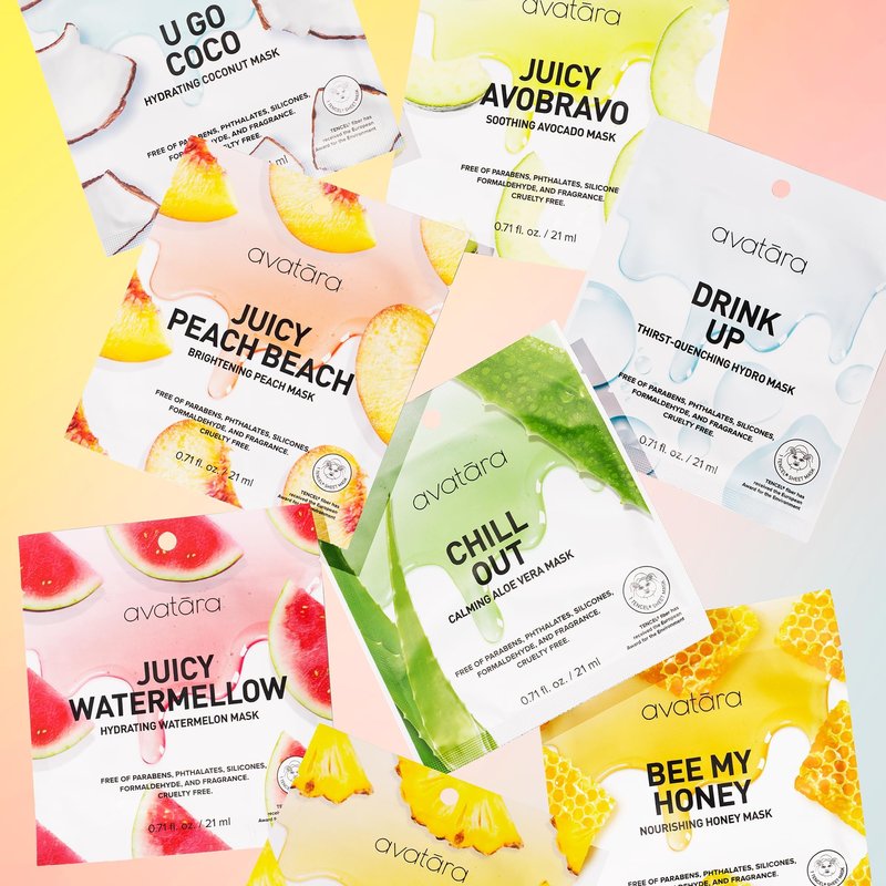 Avatara Face Mask Variety 10-Pack - Hydrating Korean Beauty Sheet Masks with Watermelon, Peach, Aloe, and Honey - Cruelty-Free Sheet Masks for Tween, Teen and All Skin