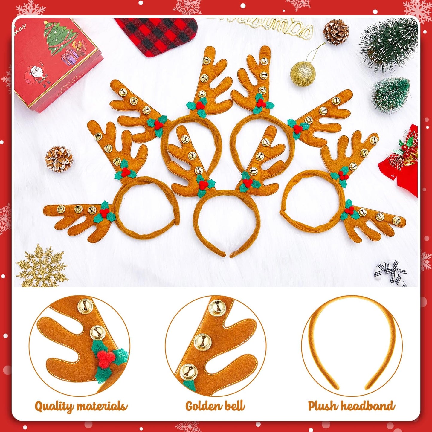Riceshoot 24 Pcs Christmas Antler Headband Reindeer Headband Deer Plush Ear Antler Hair Hoop Beauty Accessory for Xmas Party