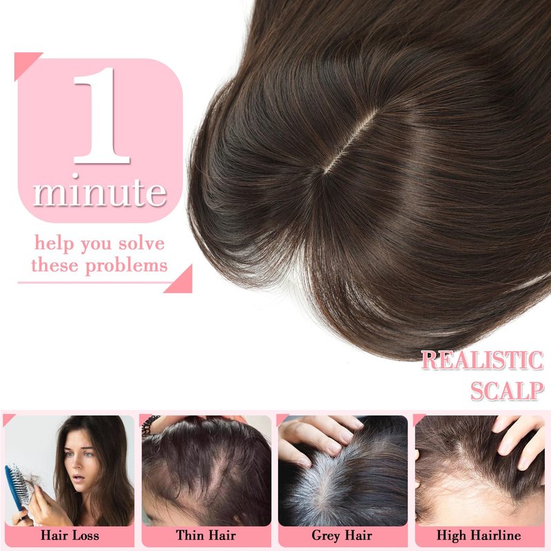 Megito Hair Topper with Bangs 18inch Long Hair Toppers for Women with Thinning Hair 6.5"X6.5" Big Base Synthetic Pieces for Women Daily Wear Add Volume Medium Brown