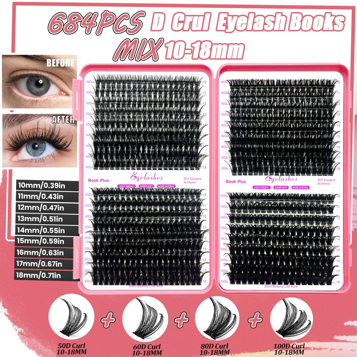 DNSGOOR DIY Lash Extension Kit 684Pcs 10-18mm D Curl Lashes Clusters with Lash Bond and Seal Glue Remover Lash Shampoo Cleansing Brush Headband Wristband Tweezers Eyelash Brush Applicator