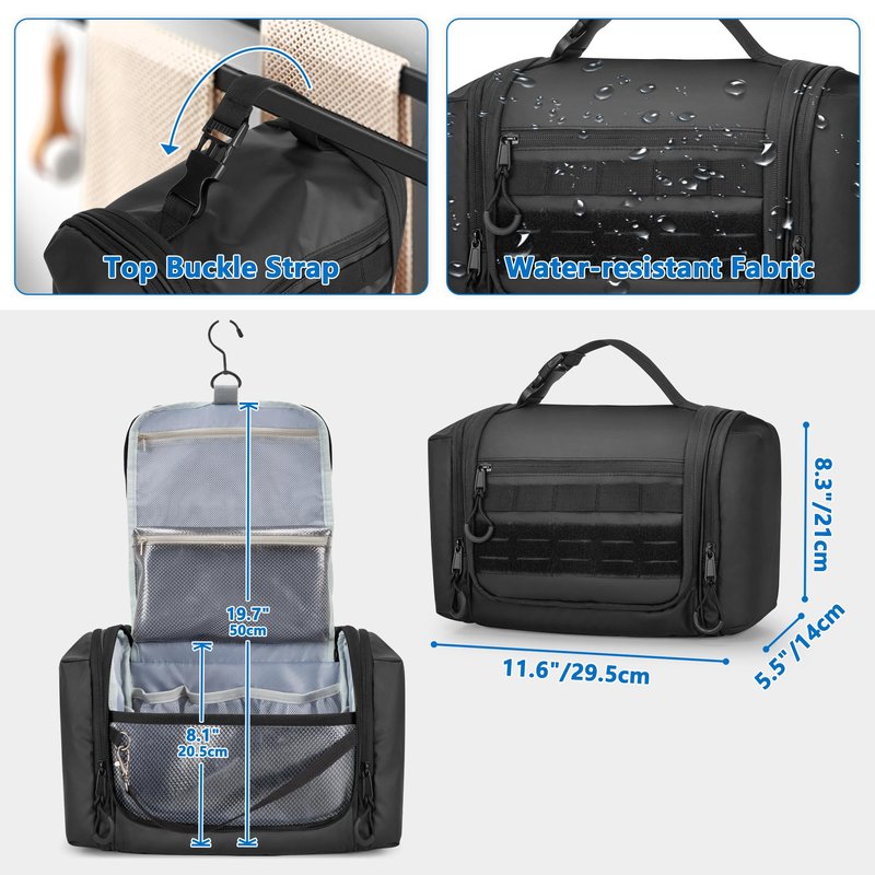 Prokva Hanging Toiletry Bag for Men, Tactical Dopp Kit Toiletry Travel Bag, Large Hygiene Organizer Shower Bag for Camping Outdoor, Black