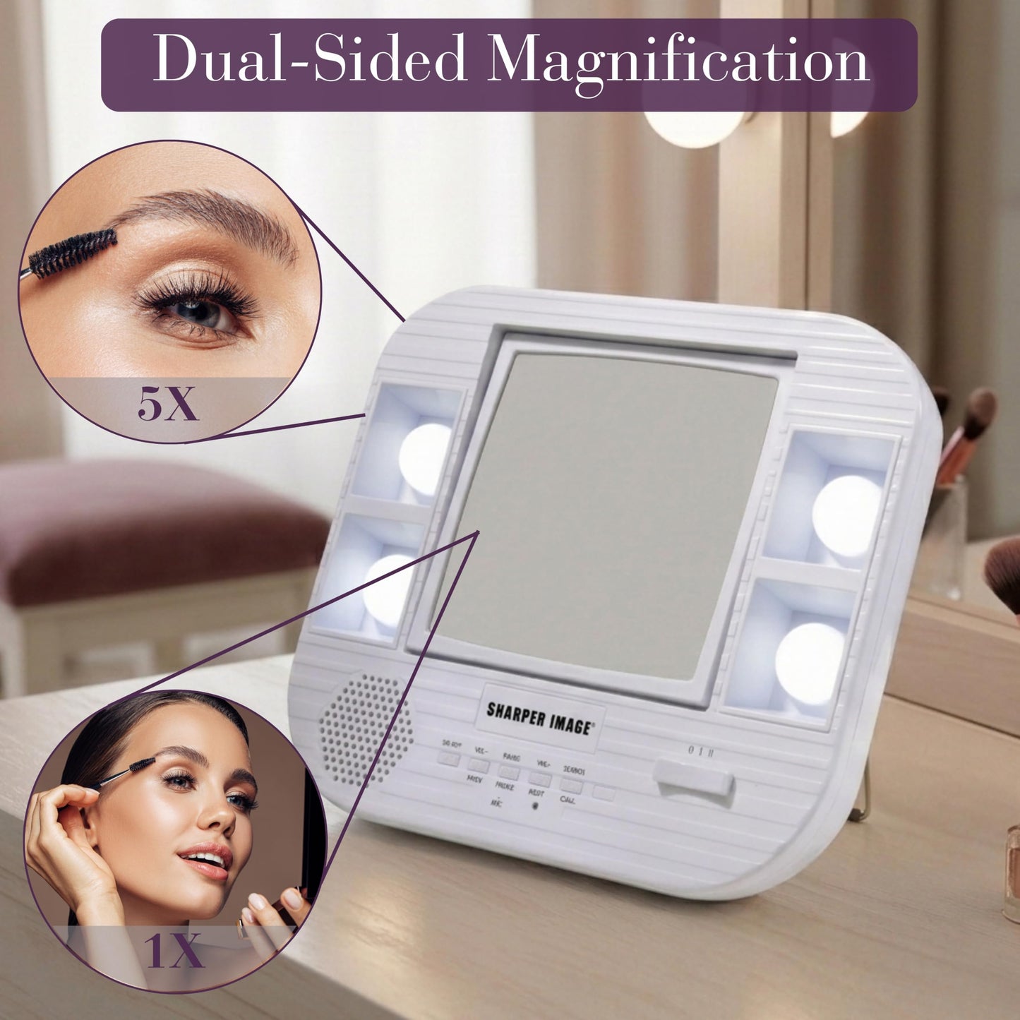 JERDON Two-Sided Bluetooth Makeup Mirror with Lights - Vanity Mirror with 5X Magnification & Multiple Light Settings - White - Model J1025