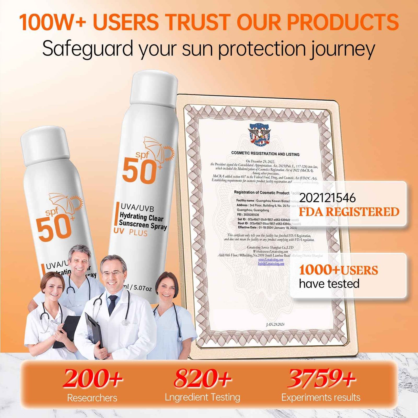 Sunscreen Spray SPF 50+ for Face & Body, Reef Safe Sunscreen Spray, Broad Spectrum UVA/UVB Sunblock, Oxybenzone-Free, Non-Comedogenic, Oil-Free, Water Resistant, 5.07oz Travel Size (2 pack)