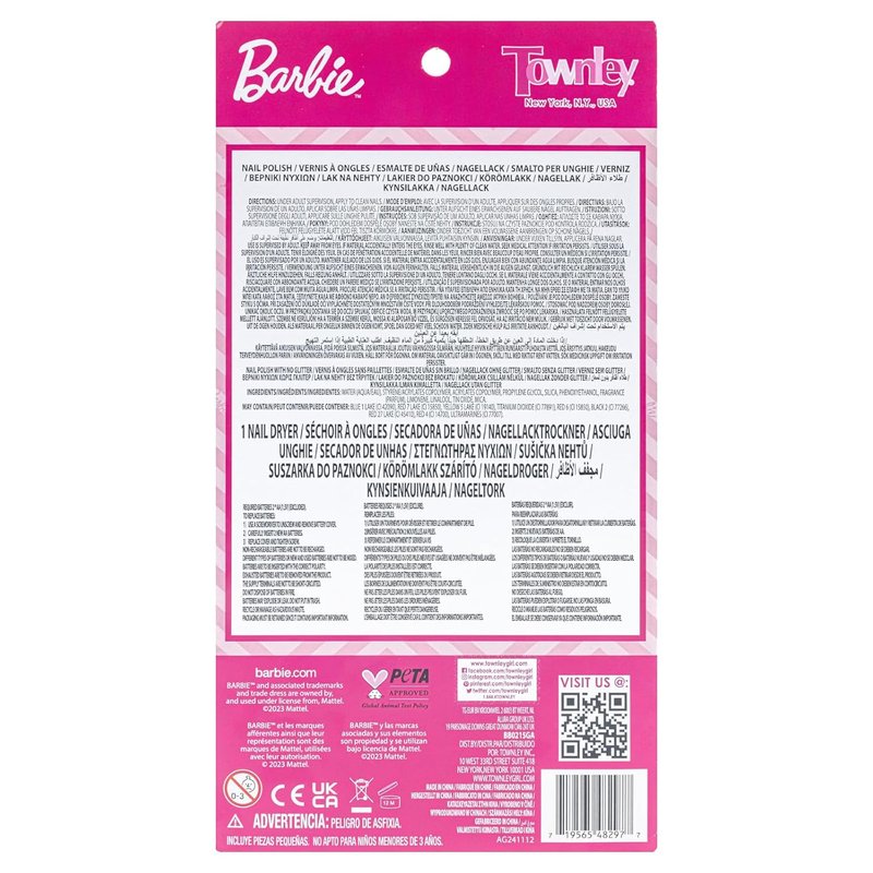 Barbie Non-Toxic Peel-Off Nail Polish Set for Kids - Safe Water-Based Formula | Includes Nail Dryer, Ages 3+