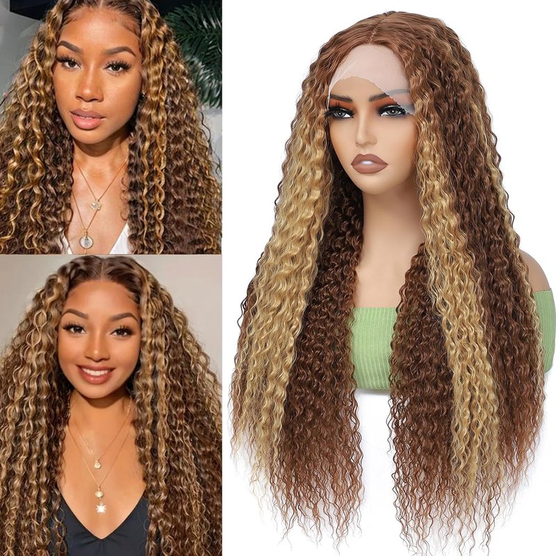 Synthetic Lace Front Wig - Pre Plucked 13X4X1 T-Part | Highlight Blonde Deep Curly for Black Women (30 Inch)