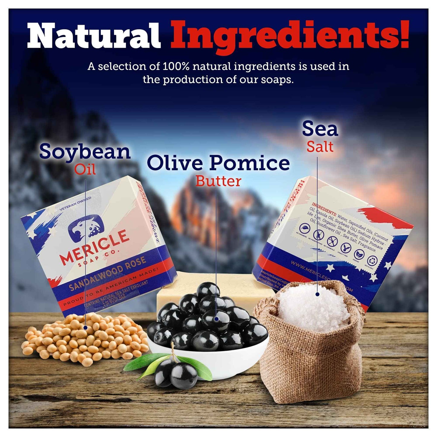 Mericle Soap Co. All Natural Bar Soap, 3 Bar Variety Pack - Black Raspberry Vanilla, Sandalwood Rose, and Bay Rum