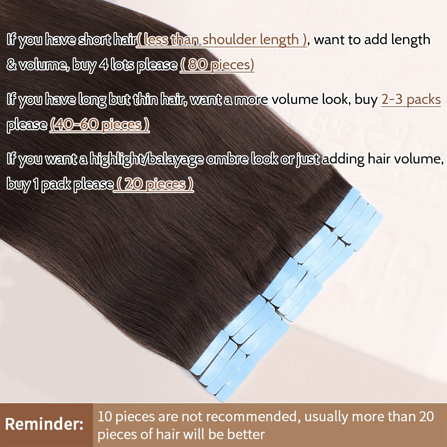 Hair Extensions Tape in Dark Brown Remy Human Hair 20pcs 50g/pack Silky Straight Seamless Skin Weft Glue in Hair Extensions 18 inches