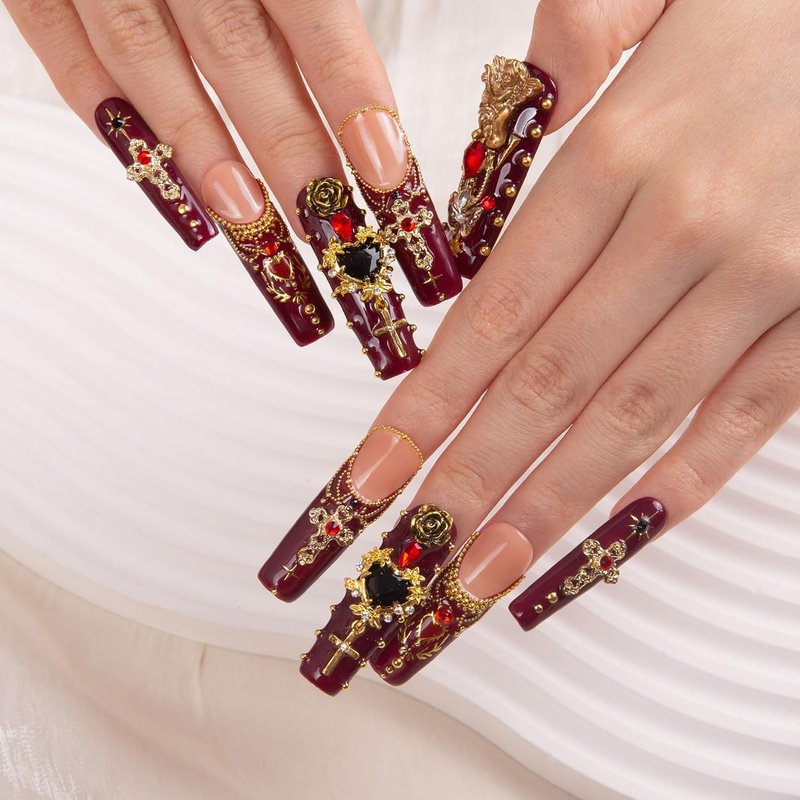 Gothic Romance Press-On Nails - Handmade Full-Cover Crystal Design | Reusable Square Mid-Length 1.7in | H333-M
