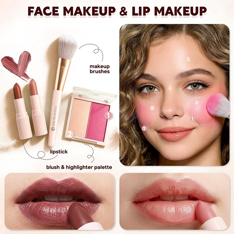 Color Nymph All In One Makeup Kit for Teen Girls Beginner, Makeup Gift Set with Eyeshadow Palette Blush Lipstick Lip Pencil Eye Pencil Brush Mascara Portable Bag - Pink