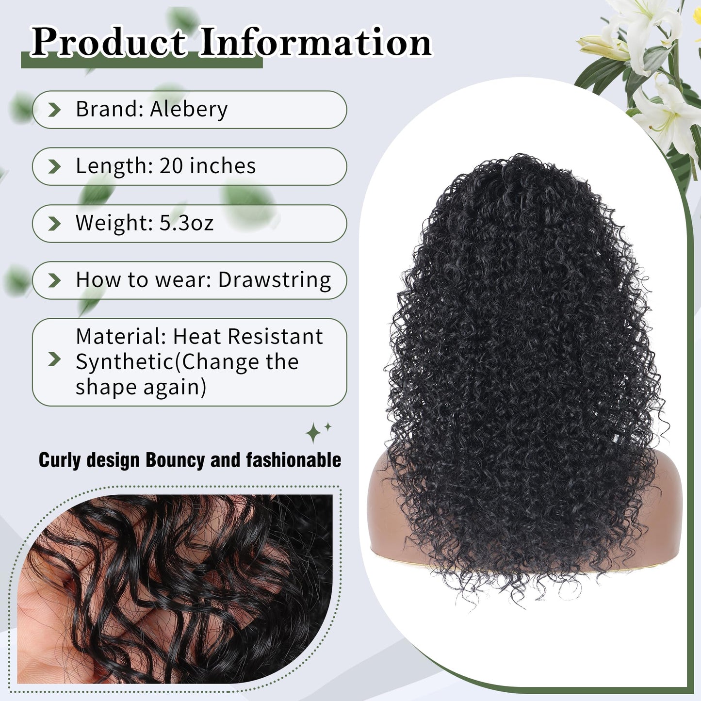 Alebery 20 Inch Drawstring Ponytail Extension for Black Women Deep Curly Ponytail Extension Synthetic Mixed with Human Hair Hairpieces Afro Kinky Curly Pony Tail for Daily Use (Black)
