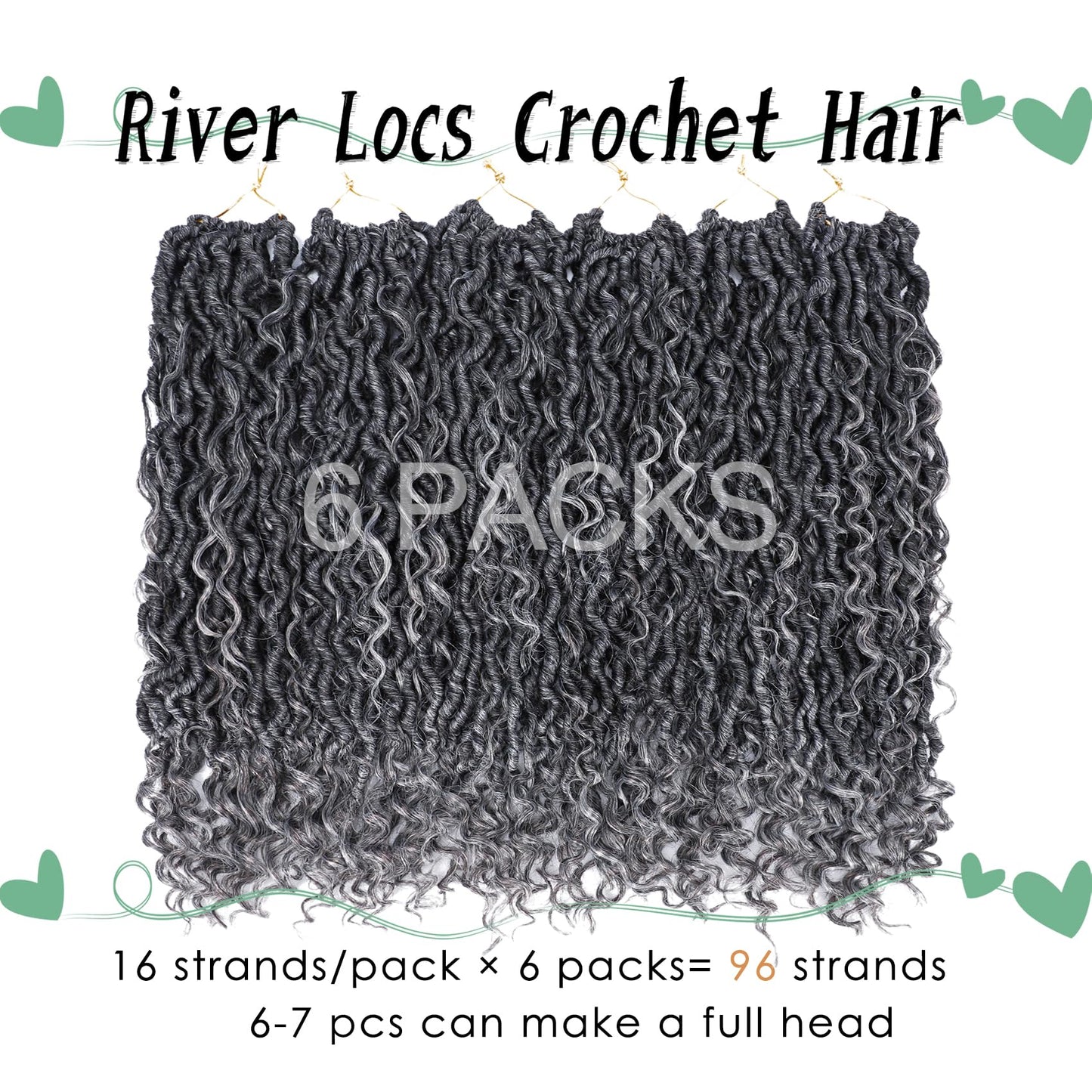 LIYATE Goddess Locs Crochet Hair 18 Inch 6 Packs Faux Locs Gray Crochet Hair for Black Women Pre Looped Soft River Loc Crochet Braids with Curly Hair Boho Loc Hair Extensions(T1B/Gray)