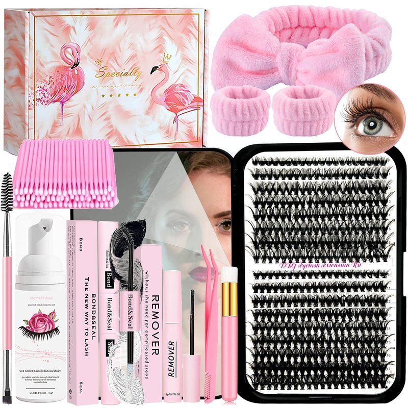 DIY Lash Extension Kit 340Pcs 9-18mm 30+40D Curl Lash with Lash Bond and Seal,Quick Glue Remover Lash Shampoo Cleansing Brush Headband Wristband Tweezers Eyelash Brush Mini Applicator