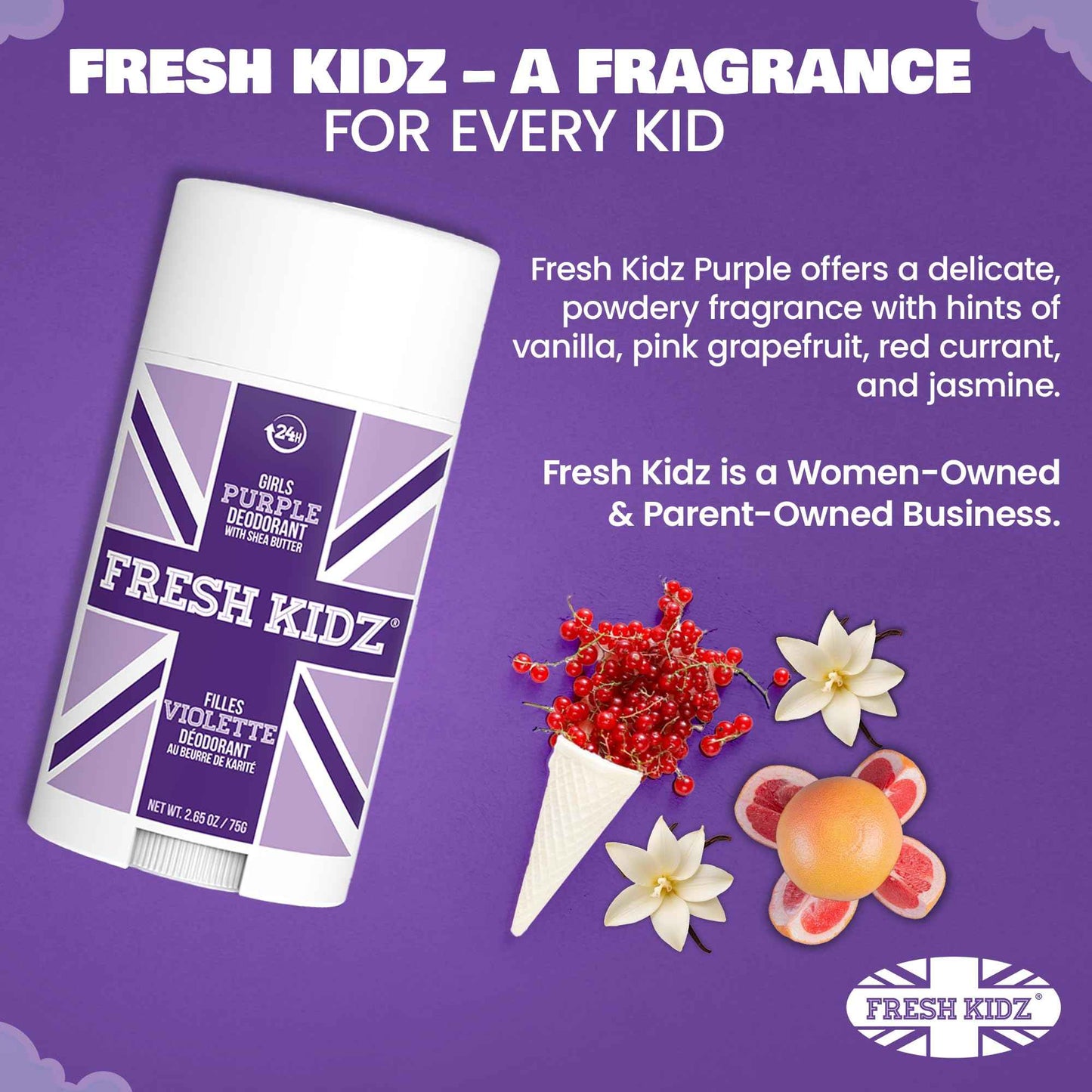 Fresh Kidz Deodorant Stick for Kids and Teens - Baking Soda and Aluminum-free 24 Hour Protection for Sensitive Skin - Girls "Purple", 2.65 oz / 75 g (2 Pack)