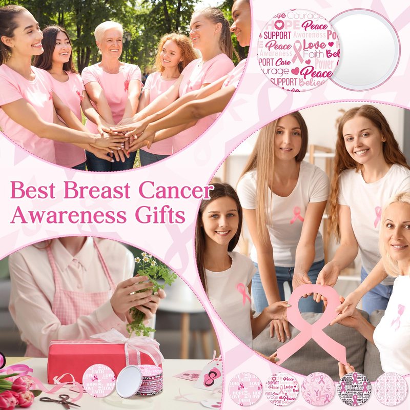 Pinkunn 100 Pcs International Women's Day Gifts Bulk for Woman Pink Inspirational Faith Compact Mirrors for Nurse Coworkers Motivational Cancer Awareness Small Pocket Travel Makeup Mirrors (Ribbon)