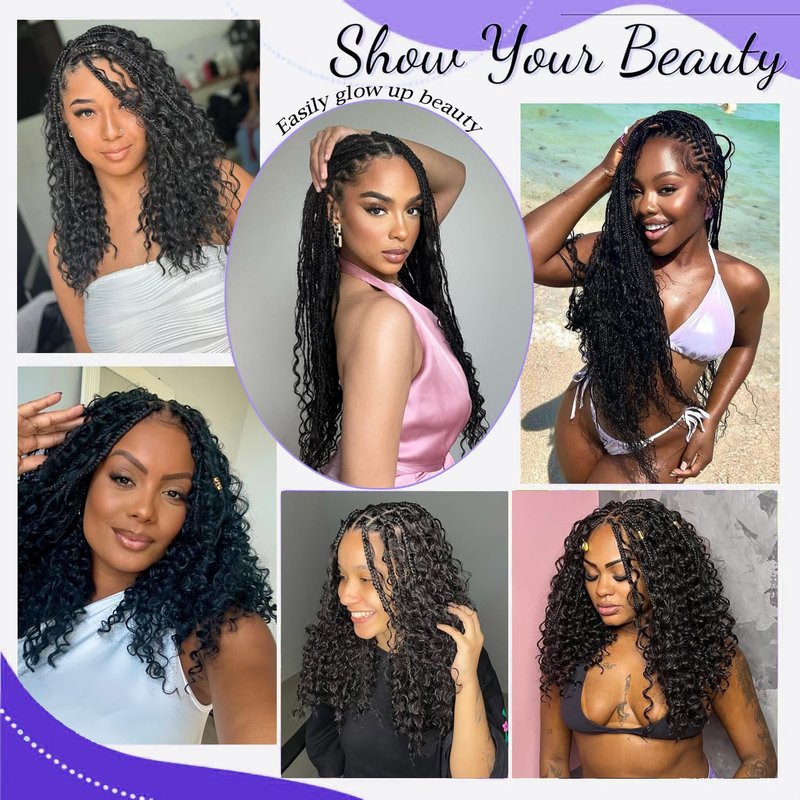Goddess Box Braids Crochet Hair 18 inch Pure Protein Fiber Close to Human Hair 8 packs Boho Crochet Braids for Black Women Pre looped Bohemian Box Braid with Curly Ends Hair Extensions(18 inch, 1B)