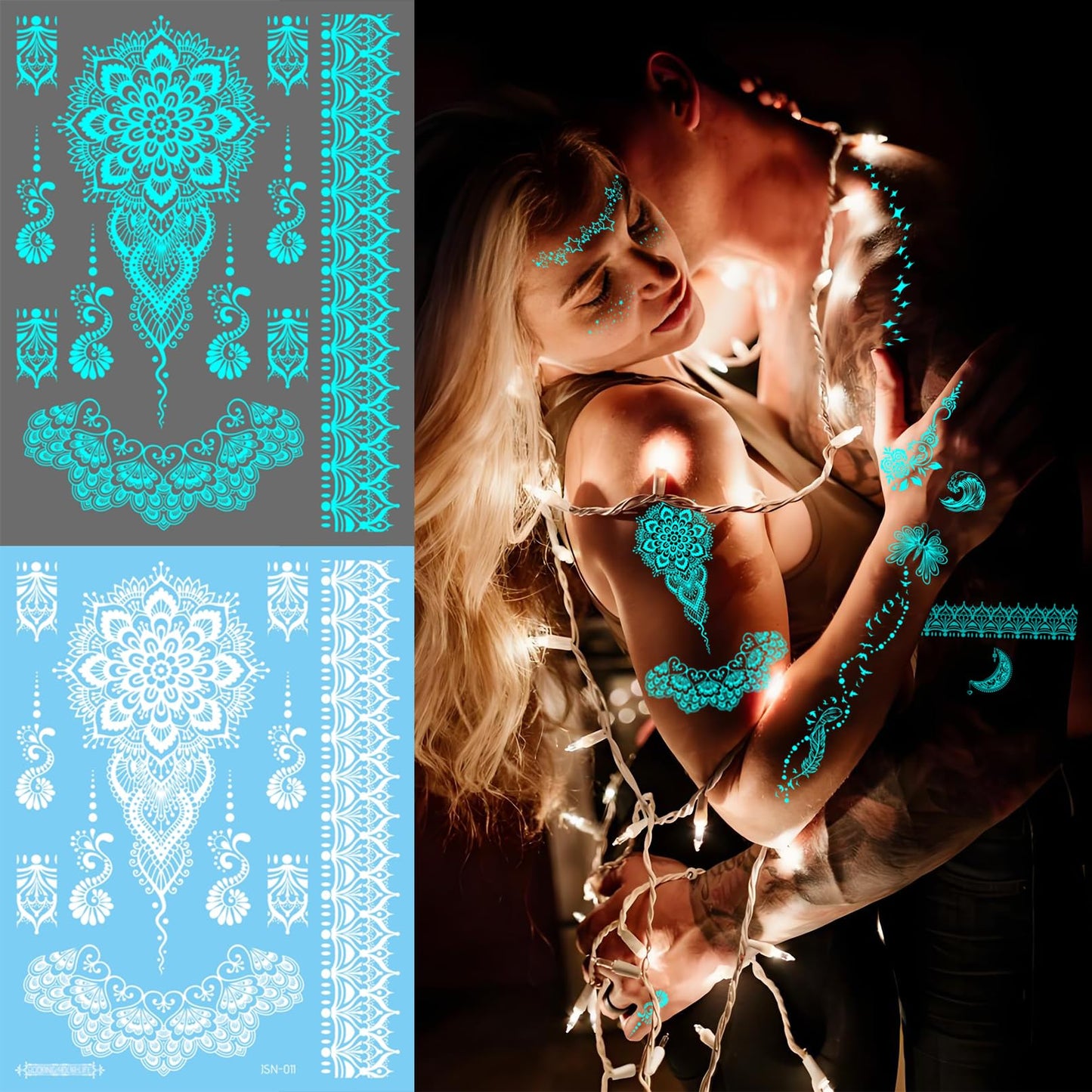 Casciybo Glow In The Dark Tattoo 7 Sheets for Women, UV Blacklight Reactive Face Temporary Tattoos for Adults Fake Flower Butterfly Waterproof Face Body Arm Tattoo, Night Glitter Party Supply