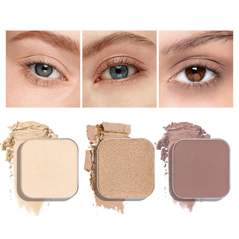 Fillwie 3-Color Single Eyeshadow Refill Set – Ivory, Champagne & Cool Brown, Matte & Shimmer, Highly Pigmented & Long-Lasting, 1.02” (26mm) Square Metal Pans, No Case, Fits Magnetic Palettes