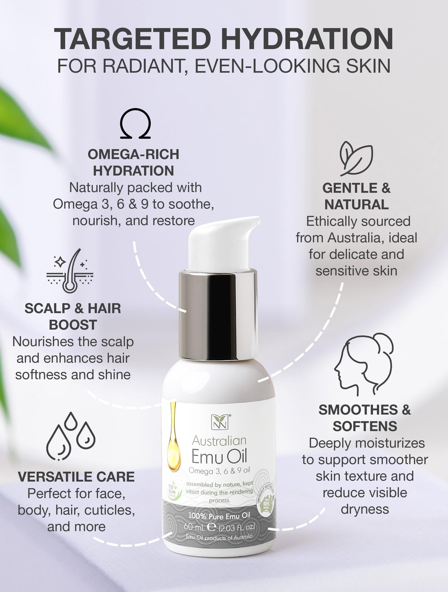 Y Not Natural Pure Emu Oil - Organic Moisture for Face, Body, Hair, Scalp & Nails - Rich in Omega 3-6-9, Vitamins & Essential Minerals - Australian Emu Oil (60ml) 2.03 fl oz -Unscented